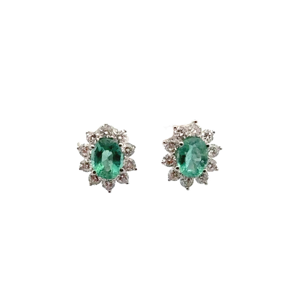 Oval Shape Flower Emerald and Diamond Studs