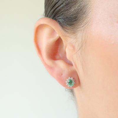 Oval Shape Flower Emerald and Diamond Studs
