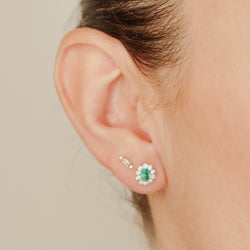 Oval Shape Flower Emerald and Diamond Studs