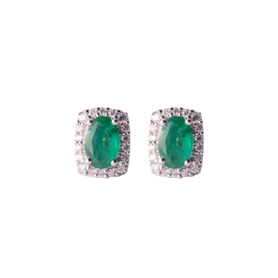 Squared Oval Halo Emerald and Diamonds studs