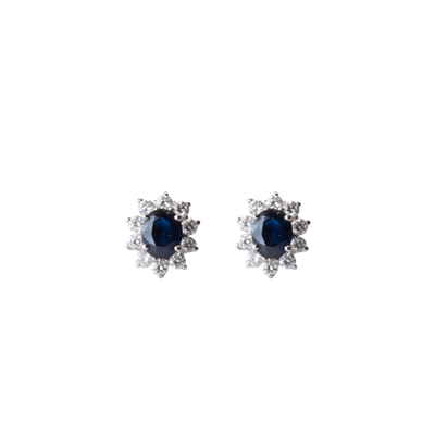 Oval Shape Flower Sapphire and Diamond Studs
