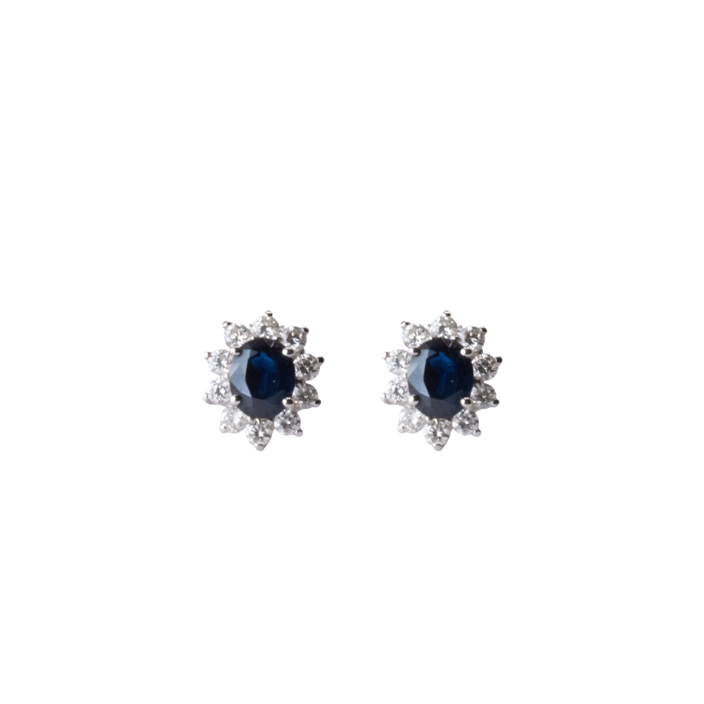 Oval Shape Flower Sapphire and Diamond Studs