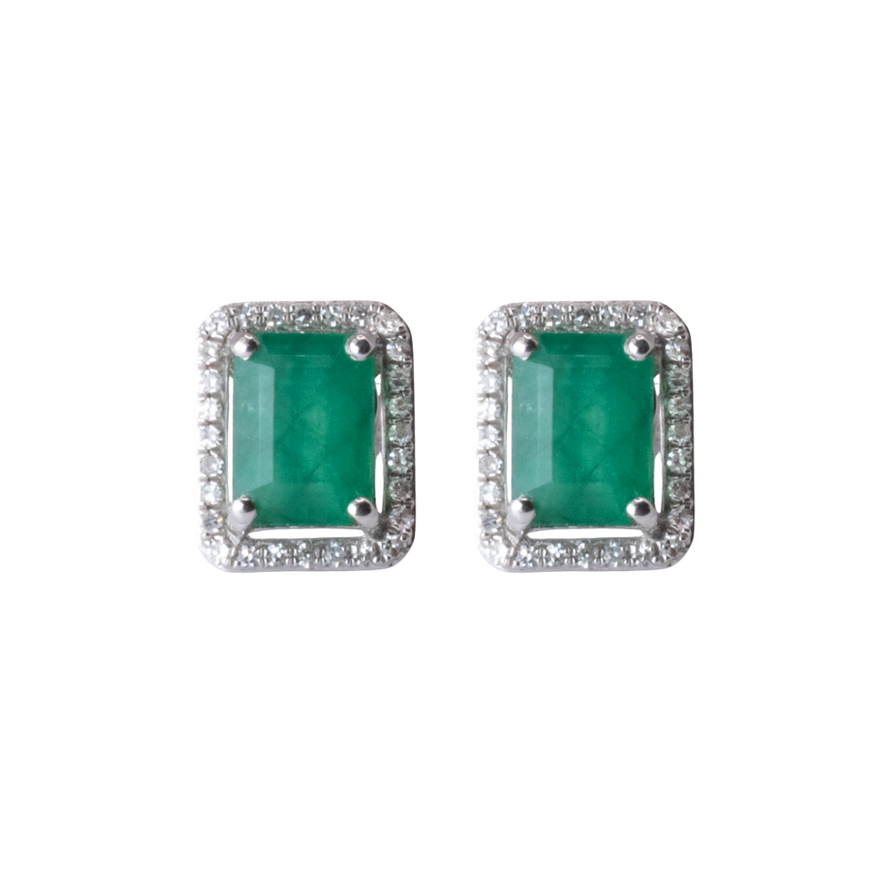 Rectangular Emerald with Diamond Halo studs