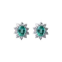 Oval Shape Flower Emerald and Diamond Studs