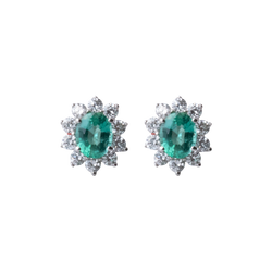 Oval Shape Flower Emerald and Diamond Studs