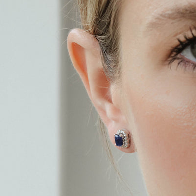 Natural Sapphire and Halo Diamond Studs