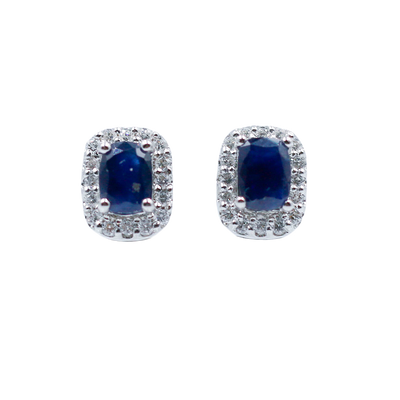 Natural Sapphire and Halo Diamond Studs